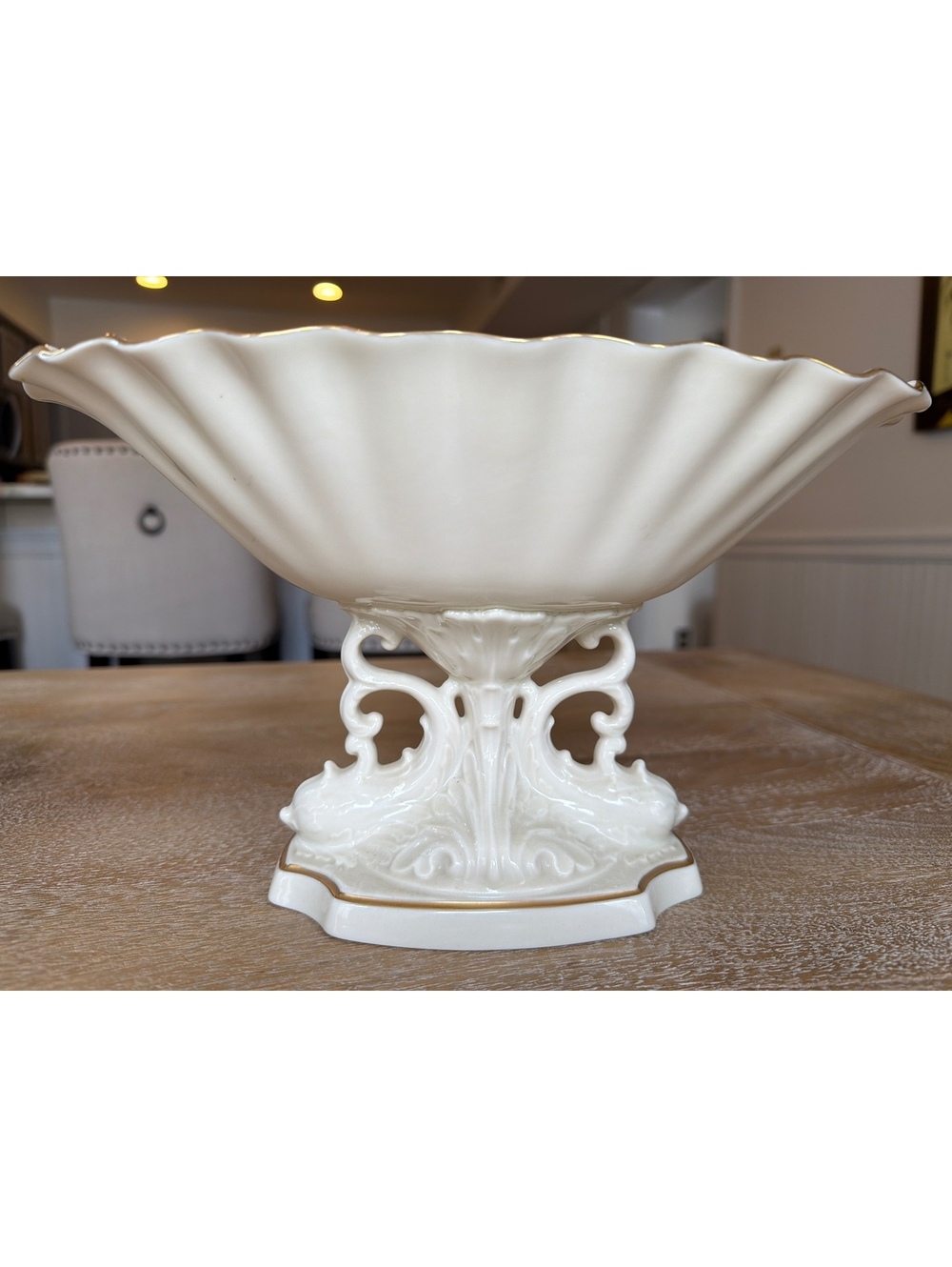 Lenox Aquarius Dolphin Pedestal Centerpiece Bowl Ivory Gold Trim Vintage 12"